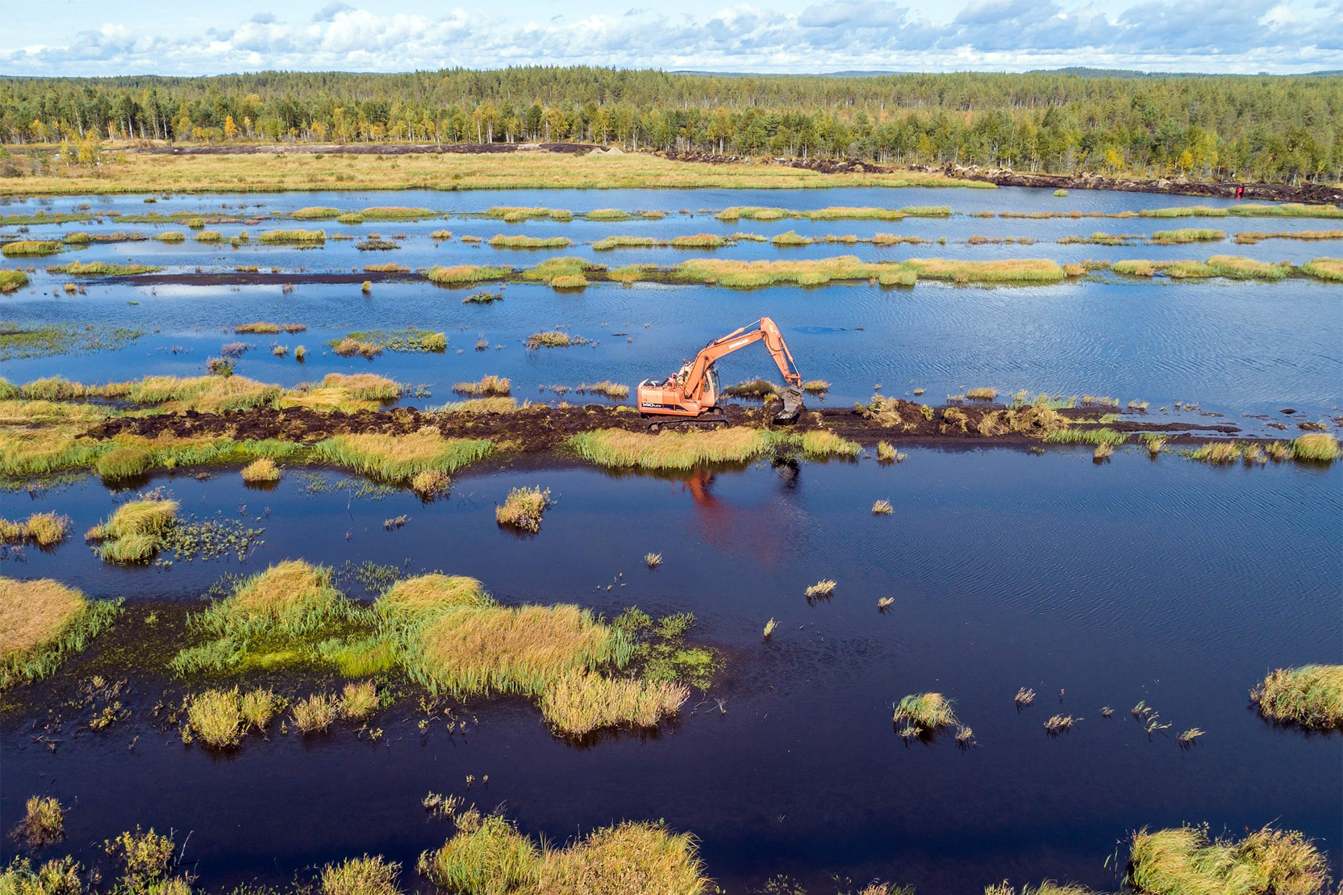 Photo of a wetland scenery taken with a drone. There is a shovel in the middle of the wetland.