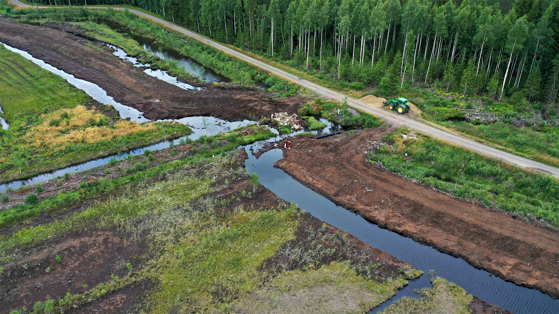 Ett flygfoto av ett landskap med spår efter jordbearbetning, fåror fyllda med vatten och några rör. På sidan syns en väg och en traktor på vägen..